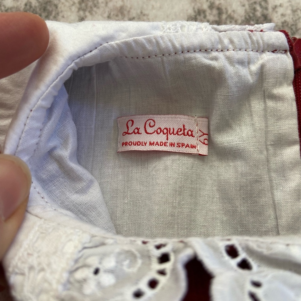 La Coqueta 6Y Girl’s Red Corduroy Dress with White Lace Collar - Picture 5 of 13